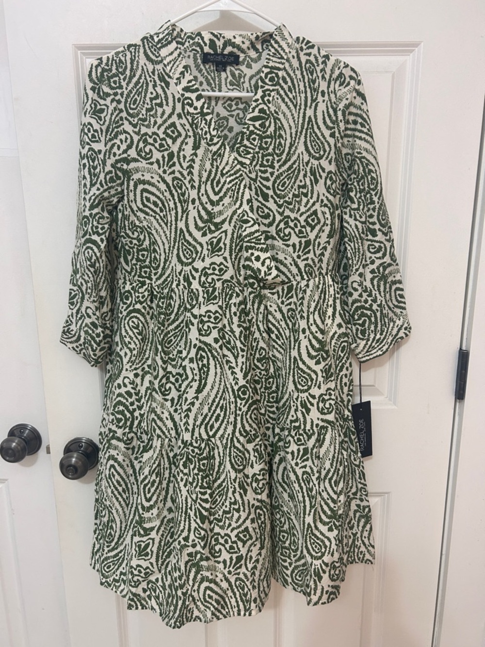 Rachel Zoe Peasant Dress Size XS green cream NWT three-quarter length sleeves